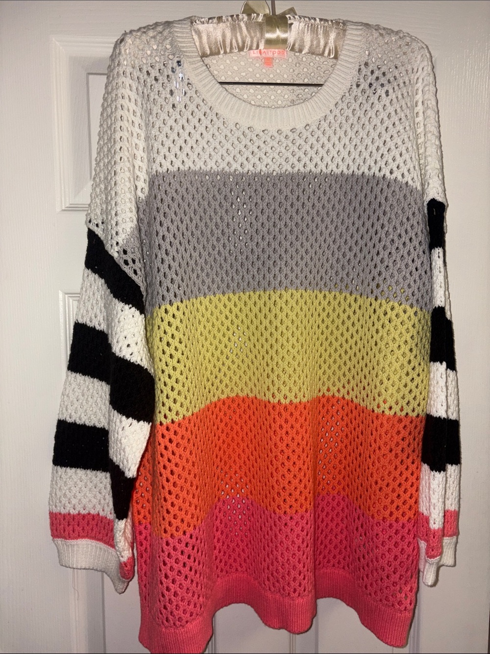 Colorblock Open-Knit Sweater - White, Gray, Yellow, Orange, Pink 3X Lisa Todd 💗